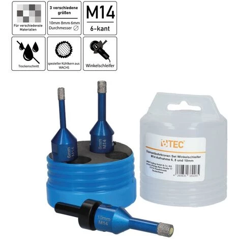 BTEC Diamantbohrkronen Set Winkelschleifer M14 Aufnahme 6, 8 Und 10mm 2 BTEC Diamantbohrkronen Set Winkelschleifer M14 Aufnahme 6, 8 Und 10mm – Bild 2