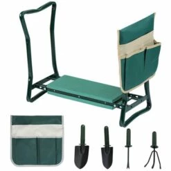 SWANEW 2 In 1 Kniebank Mit Weichem Kniekissen, Klappbarer Gartenhocker Mit 1 Grosse Werkzeugtaschen, Gartenbank Aus Stahl,bis 150 Kg Mit 4X Werkzeug