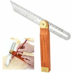 HEGUYEY Verschiebbare Quadratische Abschrägung Aus Edelstahl Und Holz 200 Mm Anti-Verschleiß-Abschrägung 0 Bis 360-Grad-Abschrägung Tischler-Doppelleiter Zum Zeichnen Verschiedener Winkel Handwerker-Architekt